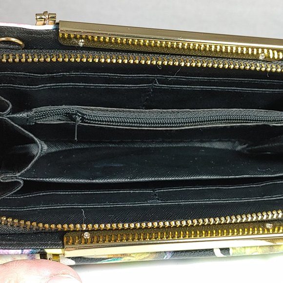 Black Floral Clutch Wallet Purse Handbag Metal Handles w Crossbody Chain Strap - Picture 7 of 9